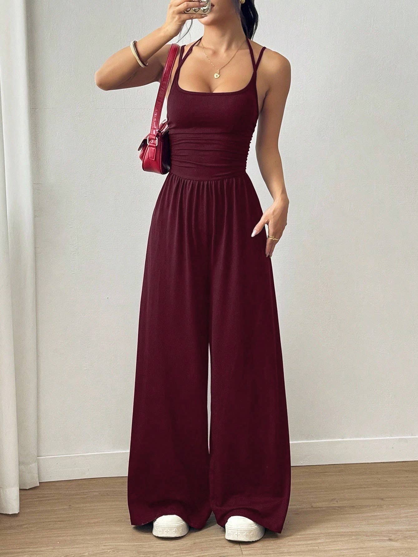 Cross Strap Halter Wide-Leg Jumpsuit