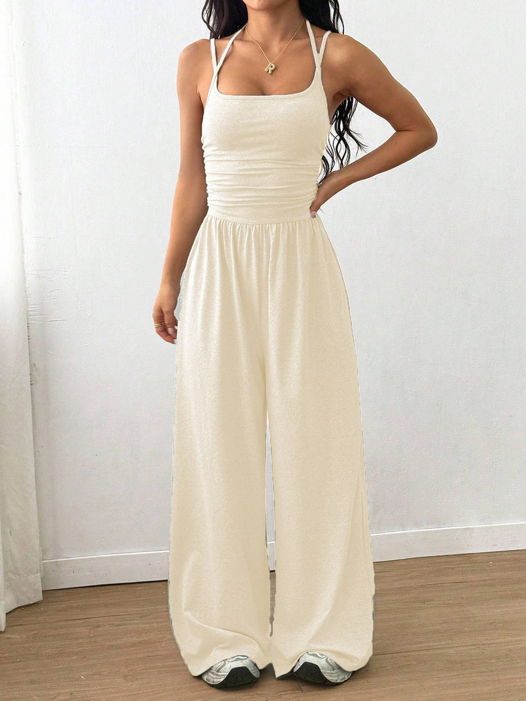 Cross Strap Halter Wide-Leg Jumpsuit