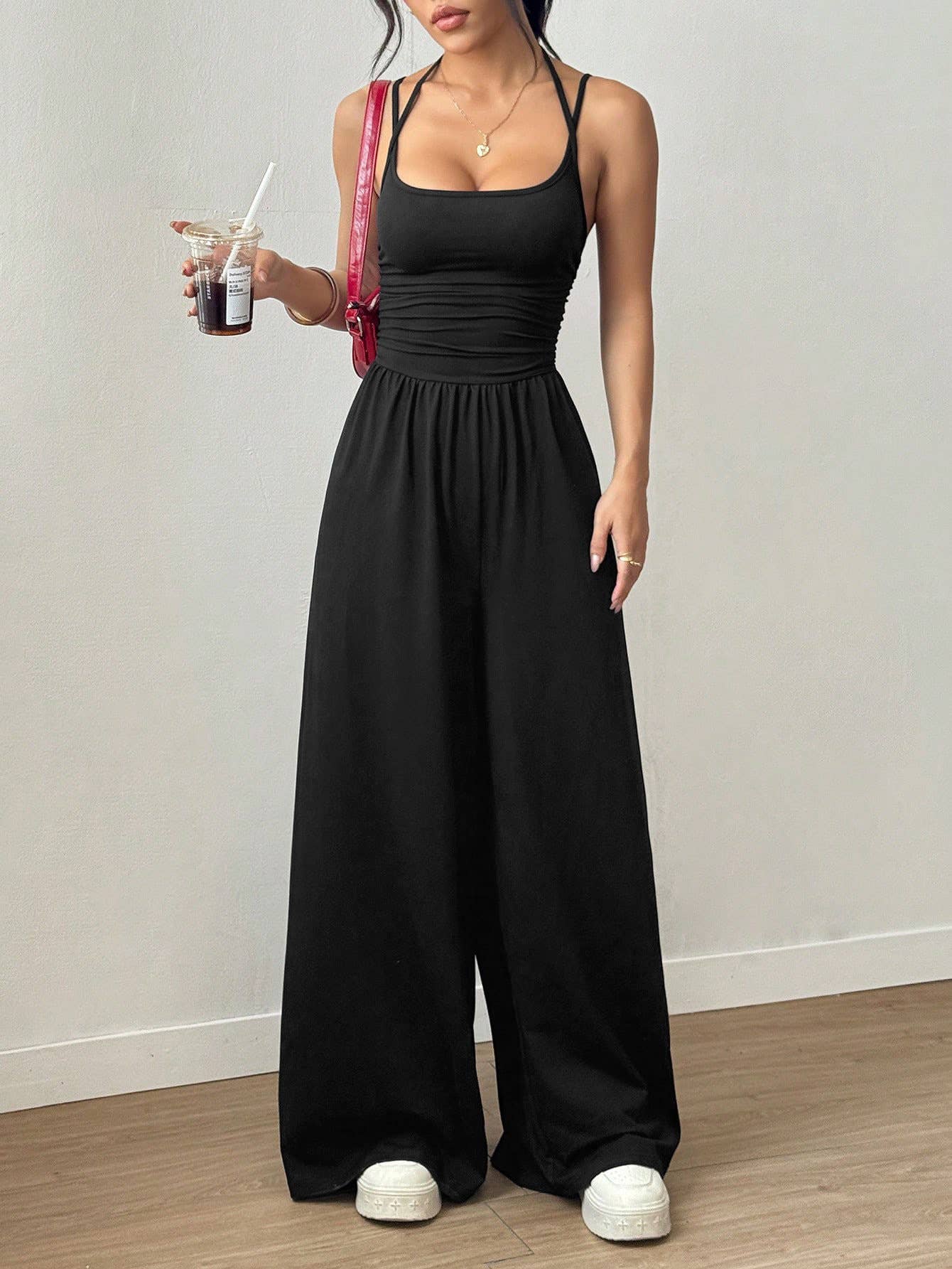 Cross Strap Halter Wide-Leg Jumpsuit
